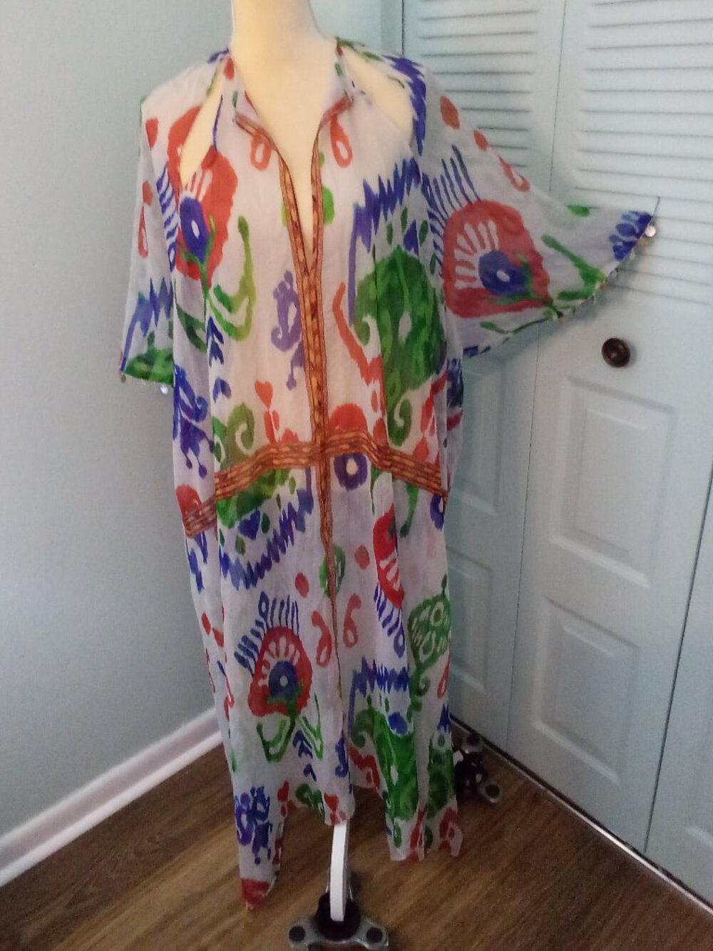 ZARA XS TRIBAL PRINTED KAFTAN BEADED MAXI SHELLS DOLMAN SLEEVES CUTOUTS SHEER